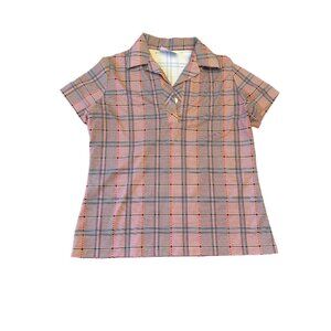 Smartique Top Red Green Plaid Vintage 70s Knit Camp Collar Short Sleeve Polo 40
